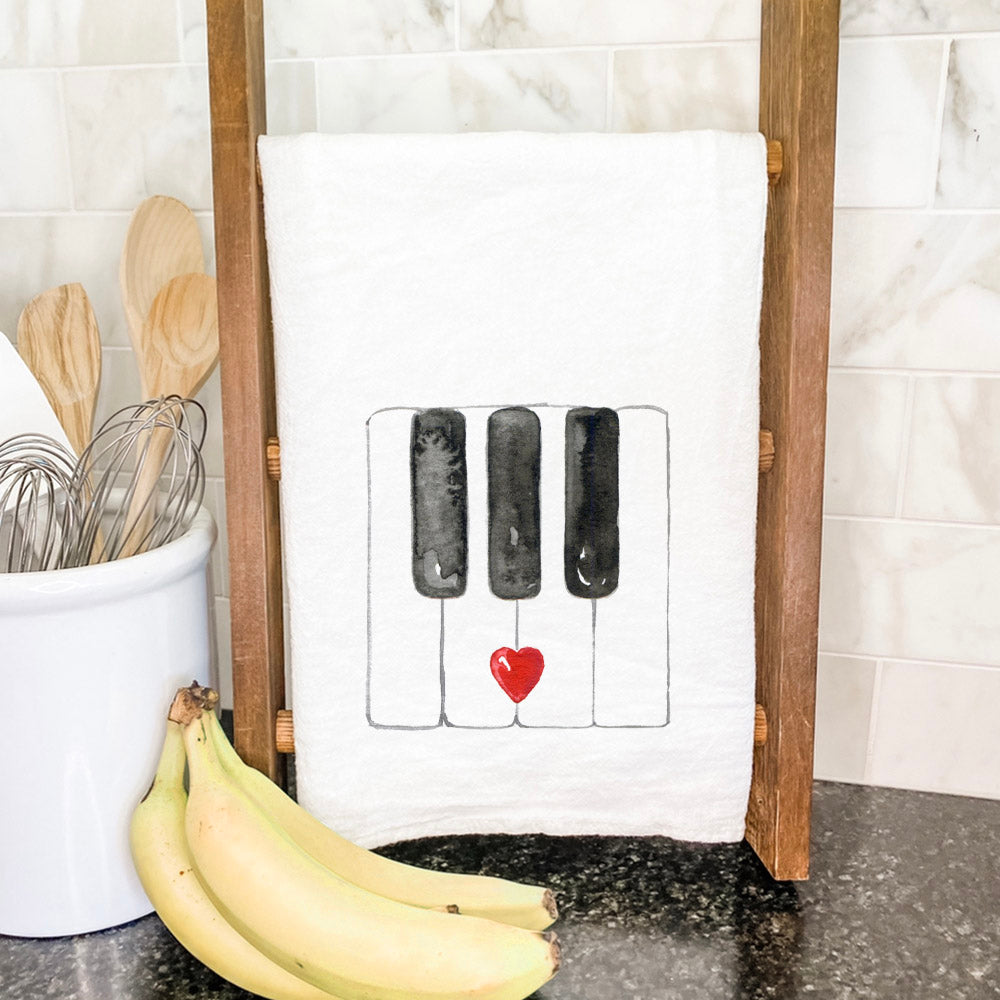 Valentine's Piano Keys cotton tea towel featuring a vibrant piano keys design, perfect for kitchen use and gifting.