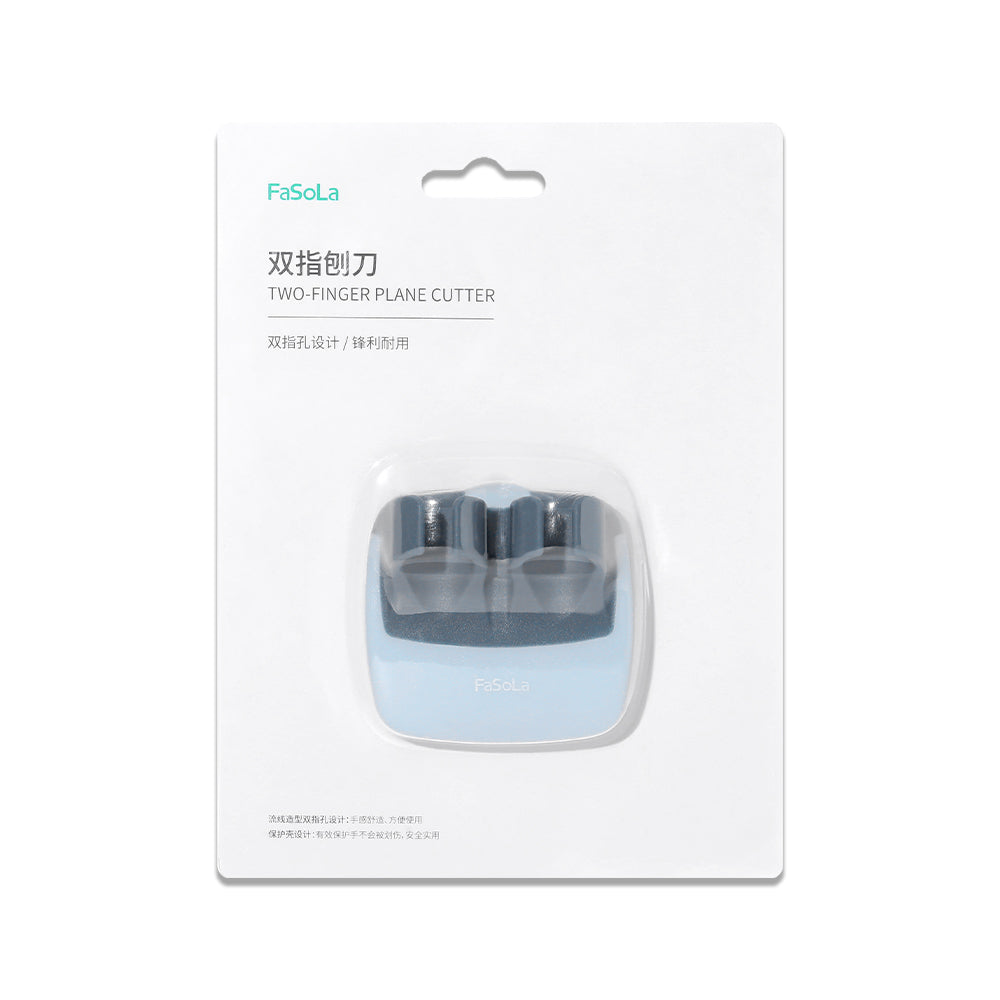 A stainless steel vegetable peeler with a finger ring design, showcasing its sharp blade and ergonomic handle for easy peeling.