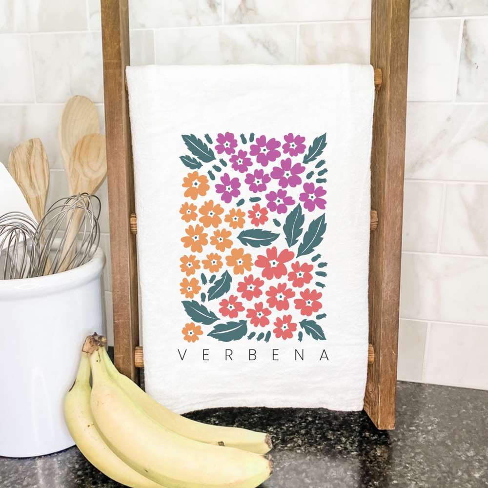 Verbena Garden Edition Cotton Tea Towel featuring vibrant floral design on absorbent fabric, perfect for kitchen use.