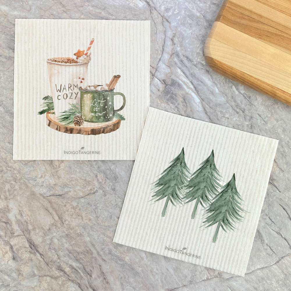 Two Swedish dish cloths featuring warm drink designs, eco-friendly and compostable, perfect for kitchen use.