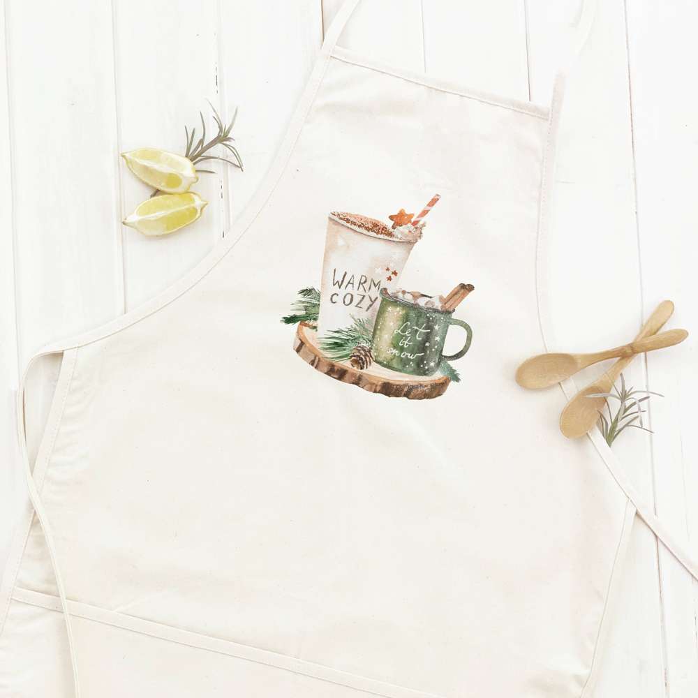 Warm Drinks Women's Apron in cotton canvas with natural twill ties and a divided front pocket, showcasing its elegant design.