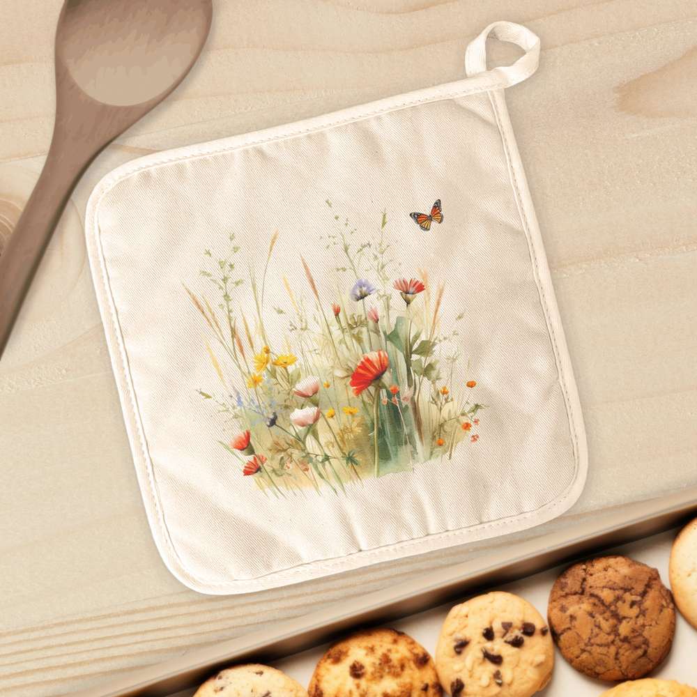 A vibrant Watercolor Wildflower Grass Cotton Pot Holder featuring a floral design, perfect for protecting surfaces from hot cookware.