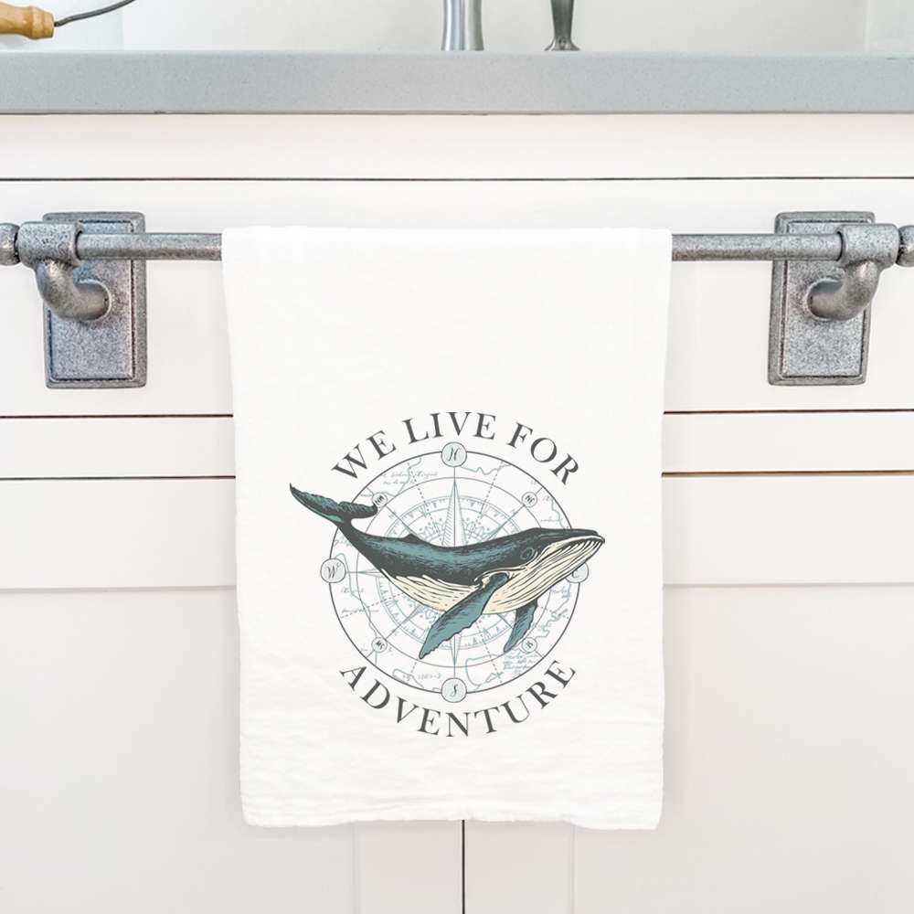 We Live for Adventure cotton tea towel featuring a vibrant design, perfect for kitchen use and decor.