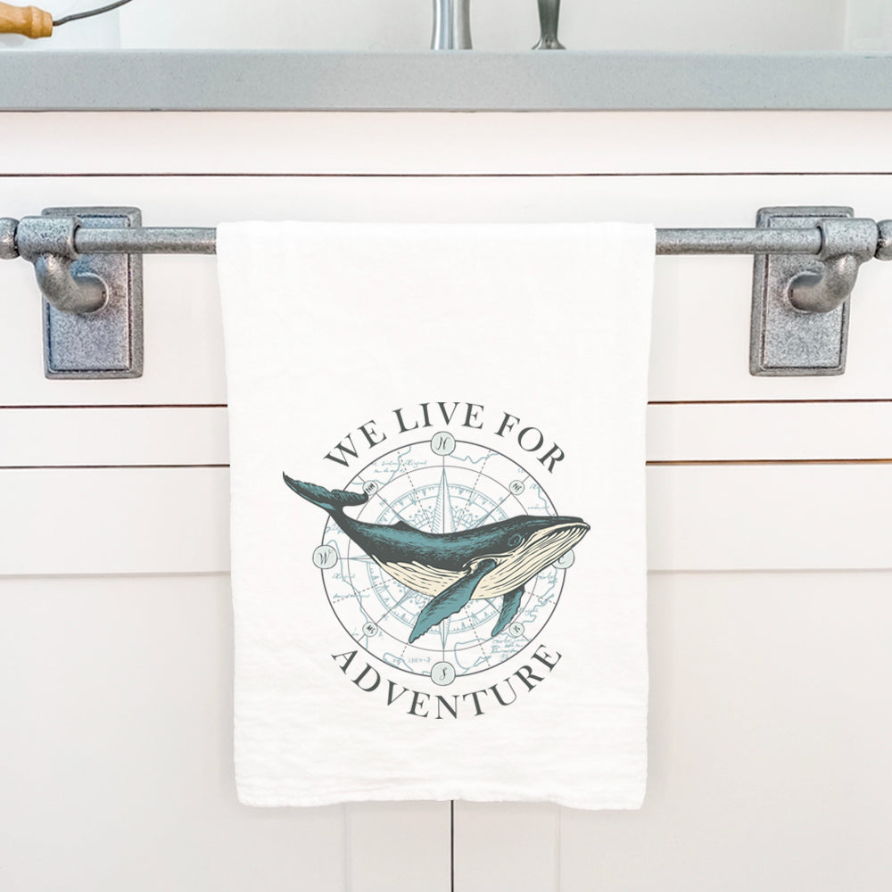 We Live for Adventure cotton tea towel featuring a vibrant design, perfect for kitchen use and decor.