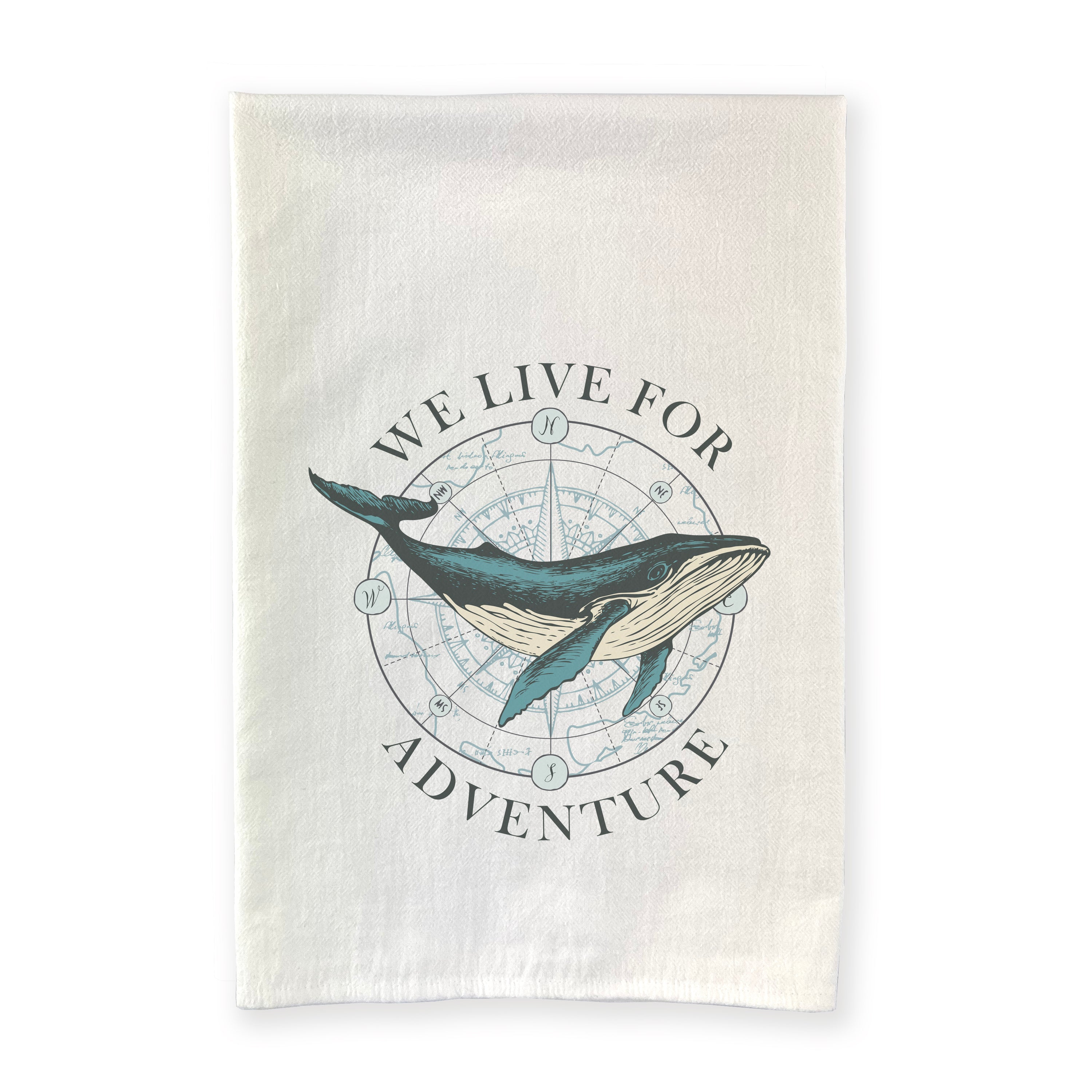 We Live for Adventure cotton tea towel featuring a vibrant design, perfect for kitchen use and decor.