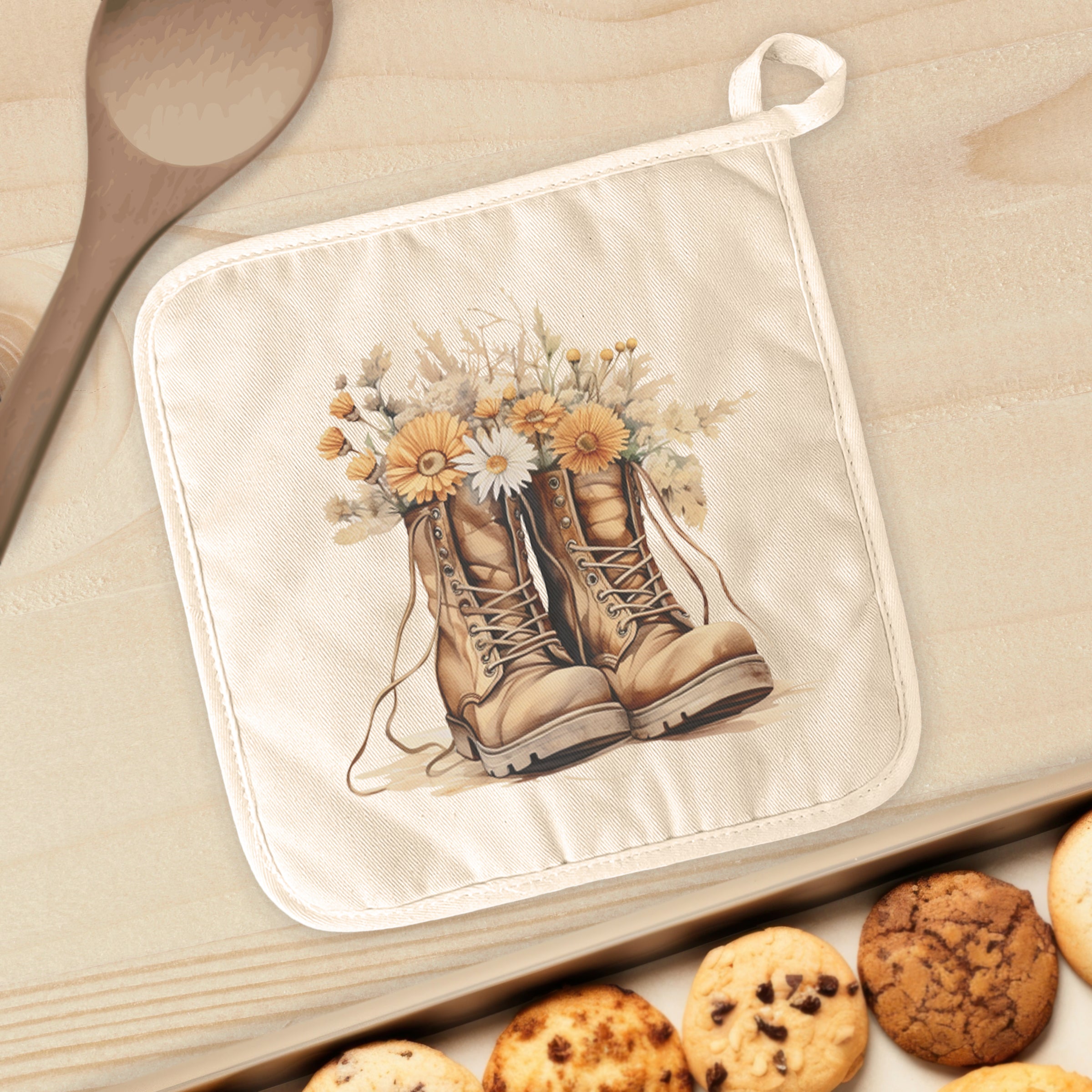 Wildflower Boots Cotton Pot Holder featuring vibrant floral designs on a natural-color cotton background, perfect for kitchen use.
