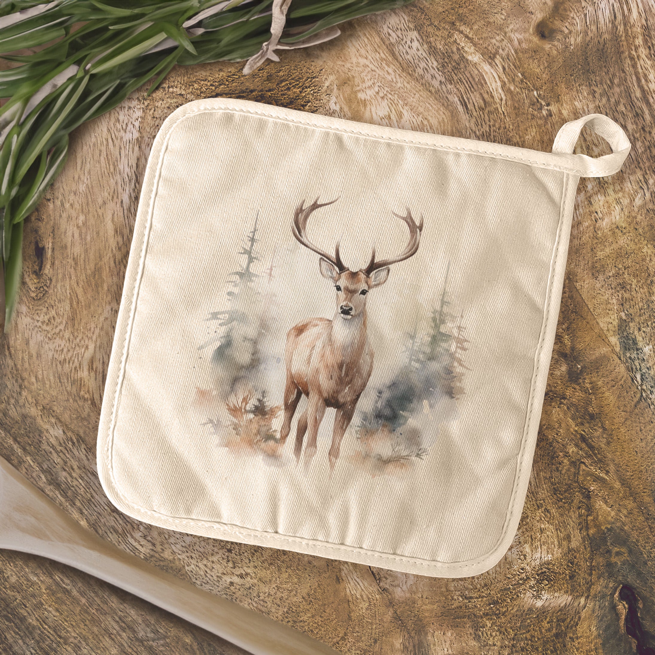 Winter Buck Scene Cotton Pot Holder featuring a rustic design with a winter buck, made from durable cotton and terry cloth.