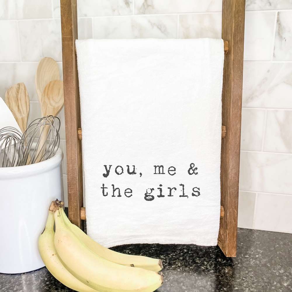 You, Me and... cotton tea towel featuring vibrant designs, made from 100% absorbent cotton, ideal for kitchen use.