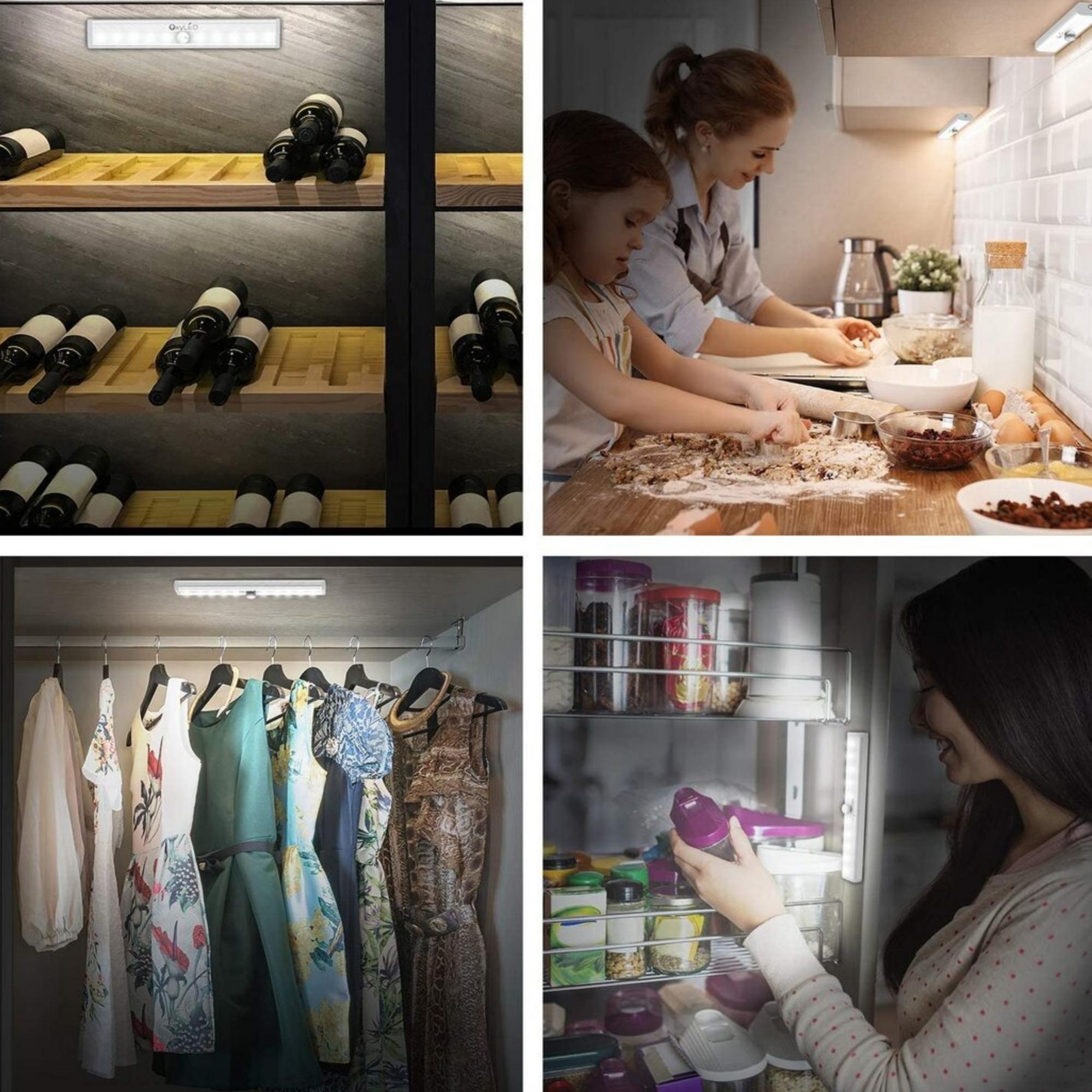 Three LED motion sensor stick-on light bars with adhesive backing, ideal for illuminating dark spaces.