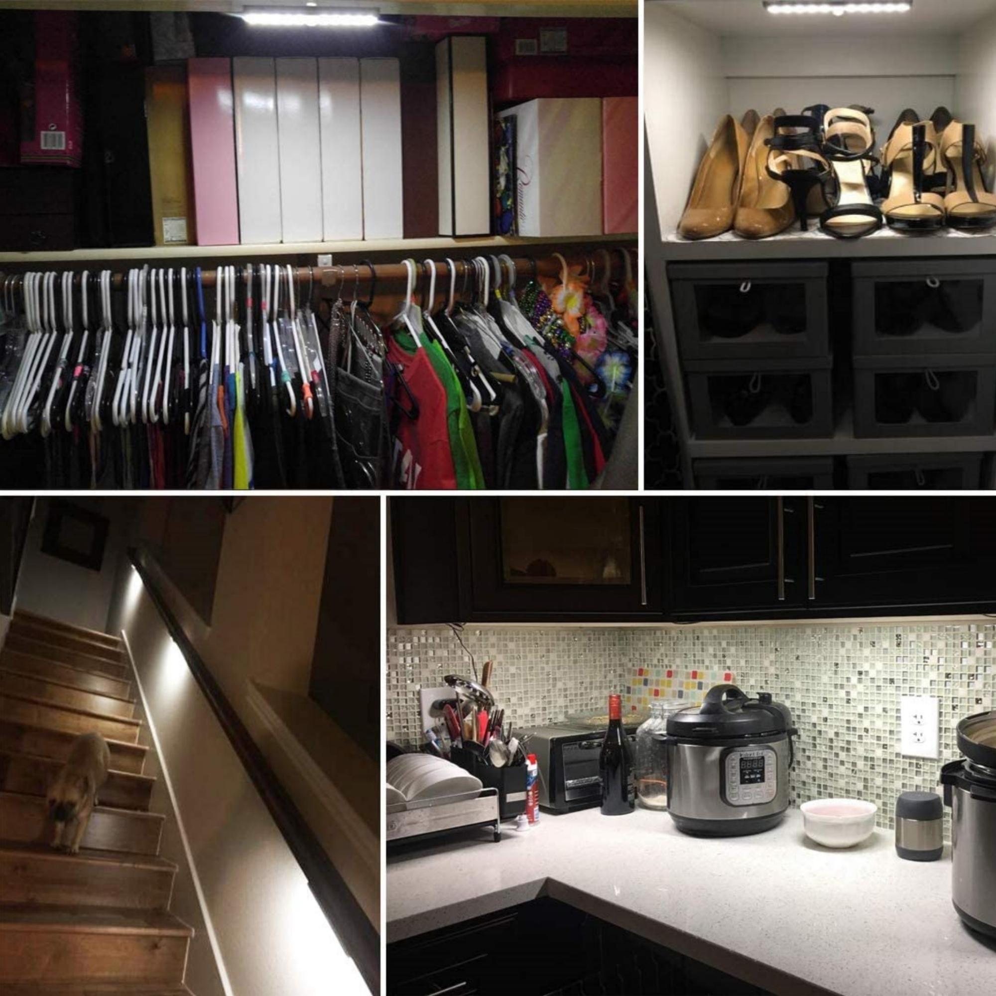 Three LED motion sensor stick-on light bars with adhesive backing, ideal for illuminating dark spaces.