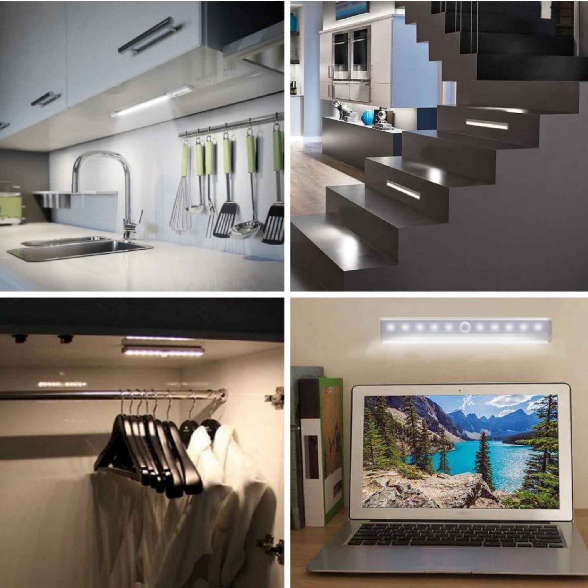 Three LED motion sensor stick-on light bars with adhesive backing, ideal for illuminating dark spaces.