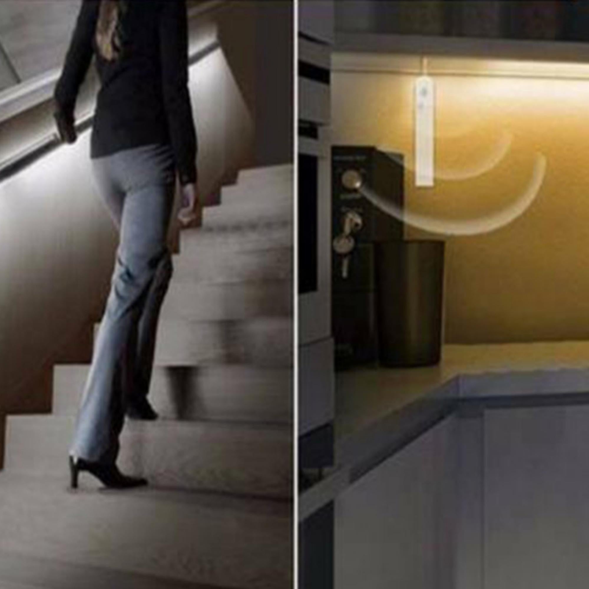 Three LED motion sensor stick-on light bars with adhesive backing, ideal for illuminating dark spaces.