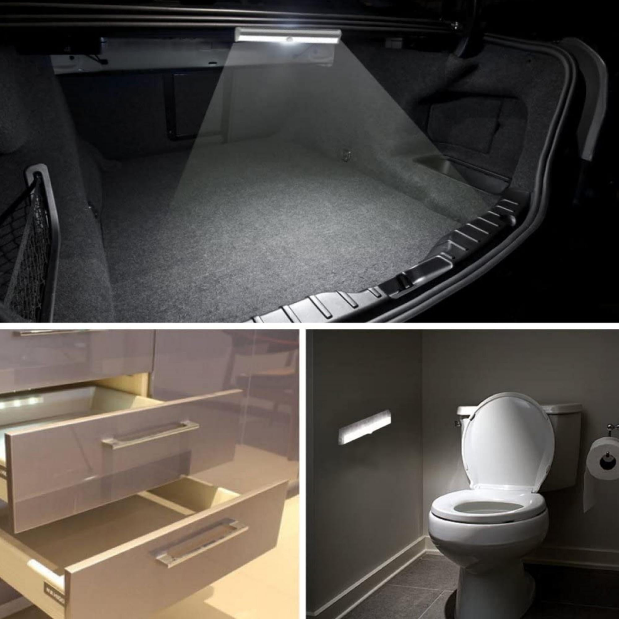 Three LED motion sensor stick-on light bars with adhesive backing, ideal for illuminating dark spaces.