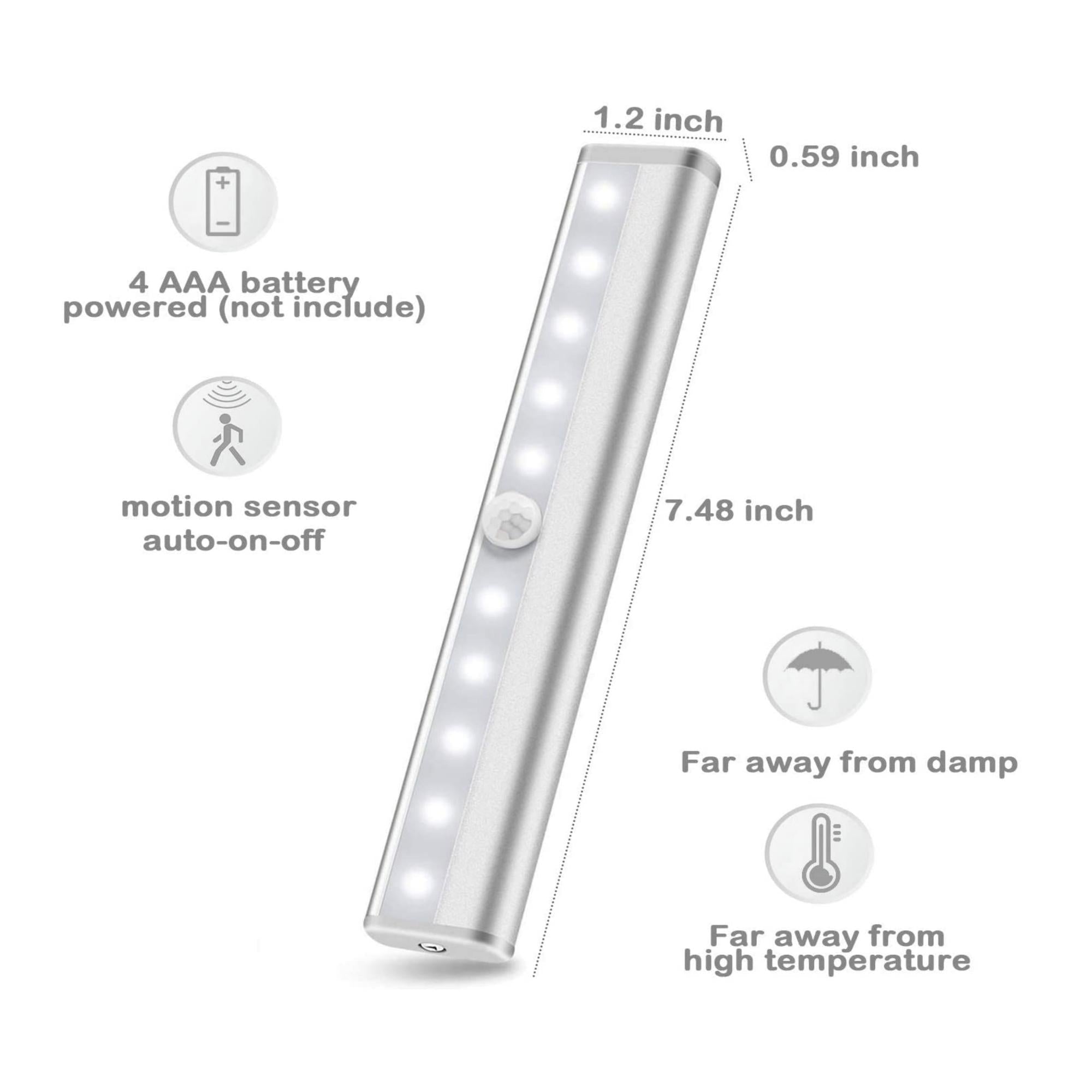 Three LED motion sensor stick-on light bars with adhesive backing, ideal for illuminating dark spaces.
