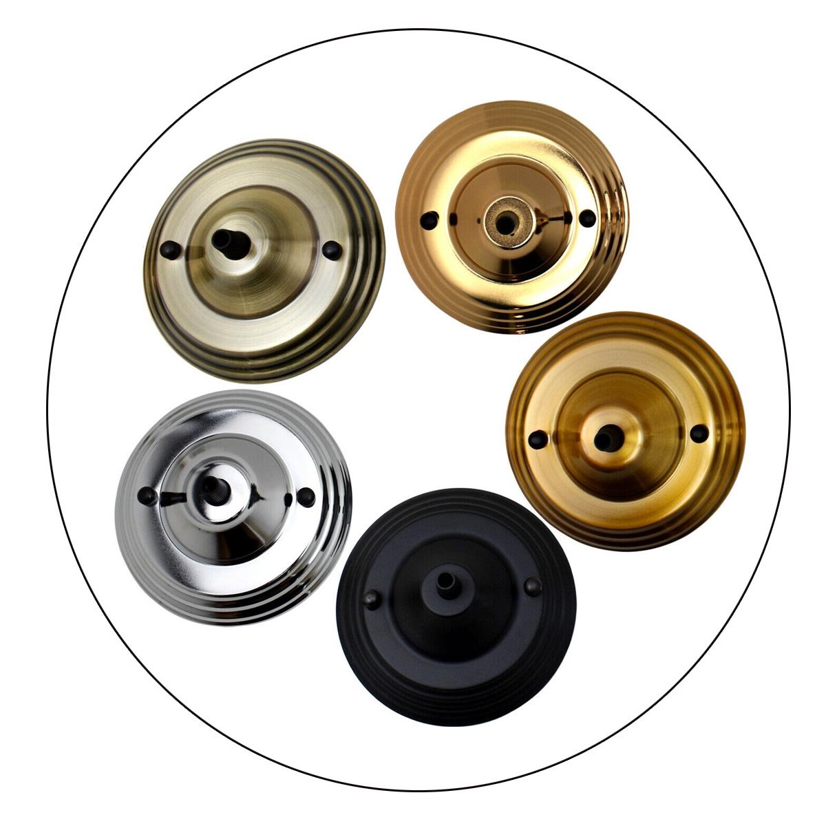 140mm Single Outlet Drop Metal Front Fitting Ceiling Rose with cord grip, showcasing its metallic finish and riveted construction.