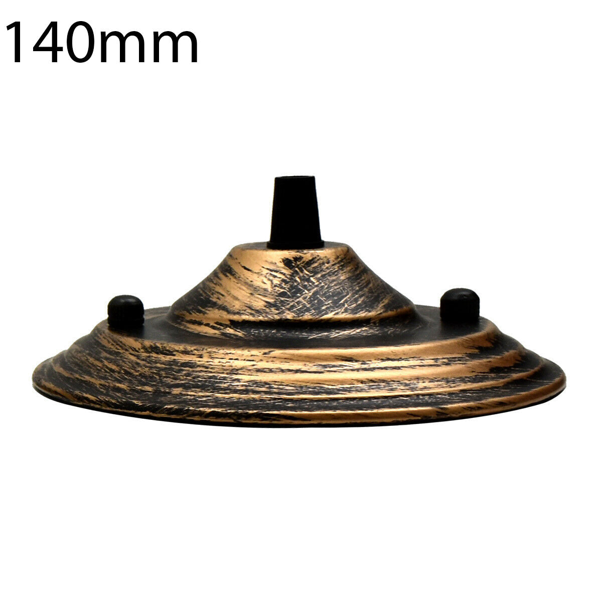 140mm Single Outlet Drop Metal Front Fitting Ceiling Rose with cord grip, showcasing its metallic finish and riveted construction.