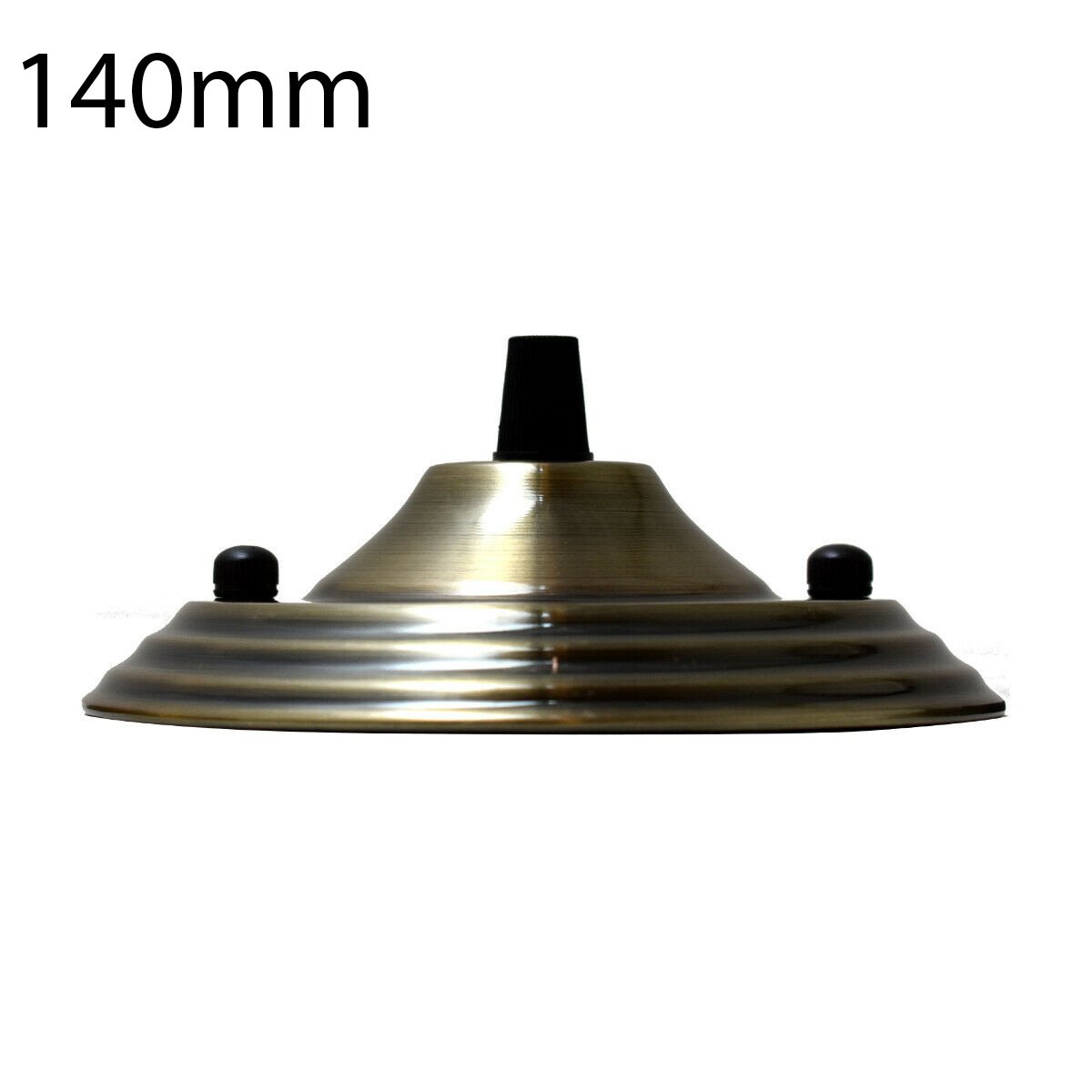 140mm Single Outlet Drop Metal Front Fitting Ceiling Rose with cord grip, showcasing its metallic finish and riveted construction.