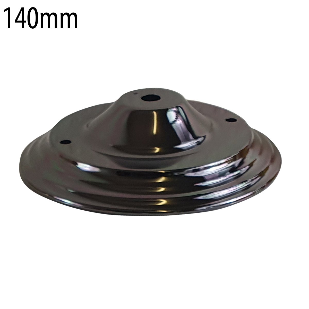 140mm Single Outlet Drop Metal Front Fitting Ceiling Rose with cord grip, showcasing its metallic finish and riveted construction.
