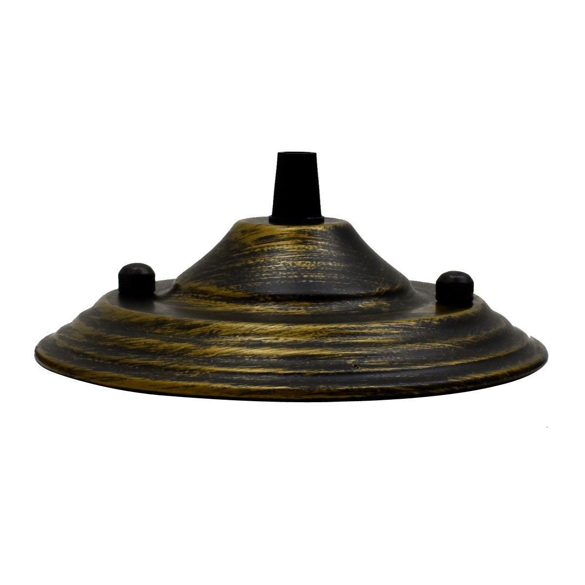 140mm Single Outlet Drop Metal Front Fitting Ceiling Rose with cord grip, showcasing its metallic finish and riveted construction.