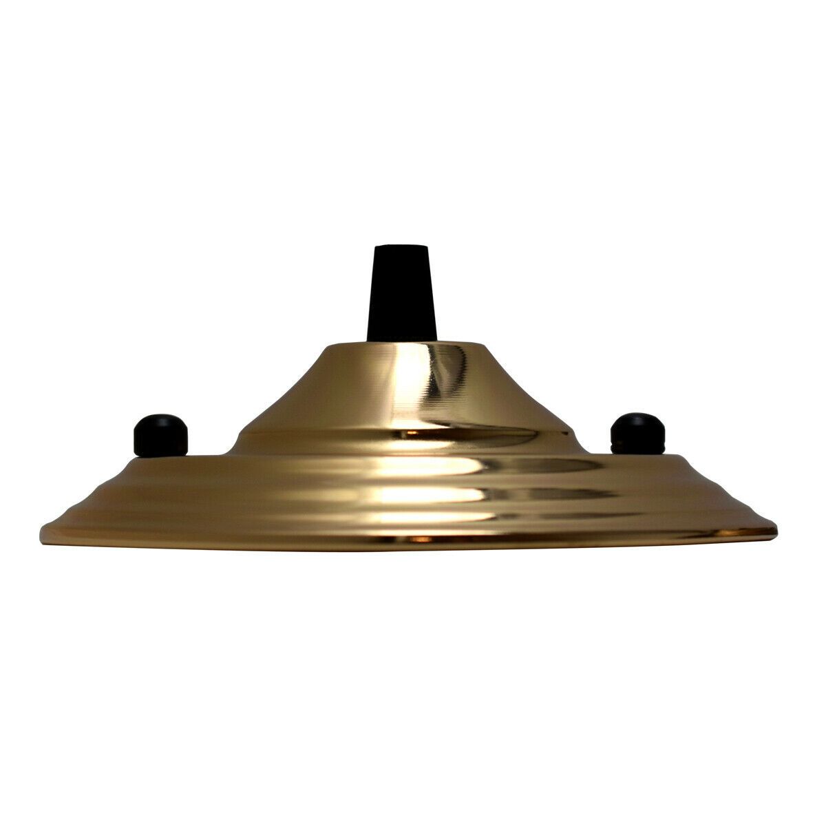 140mm Single Outlet Drop Metal Front Fitting Ceiling Rose with cord grip, showcasing its metallic finish and riveted construction.