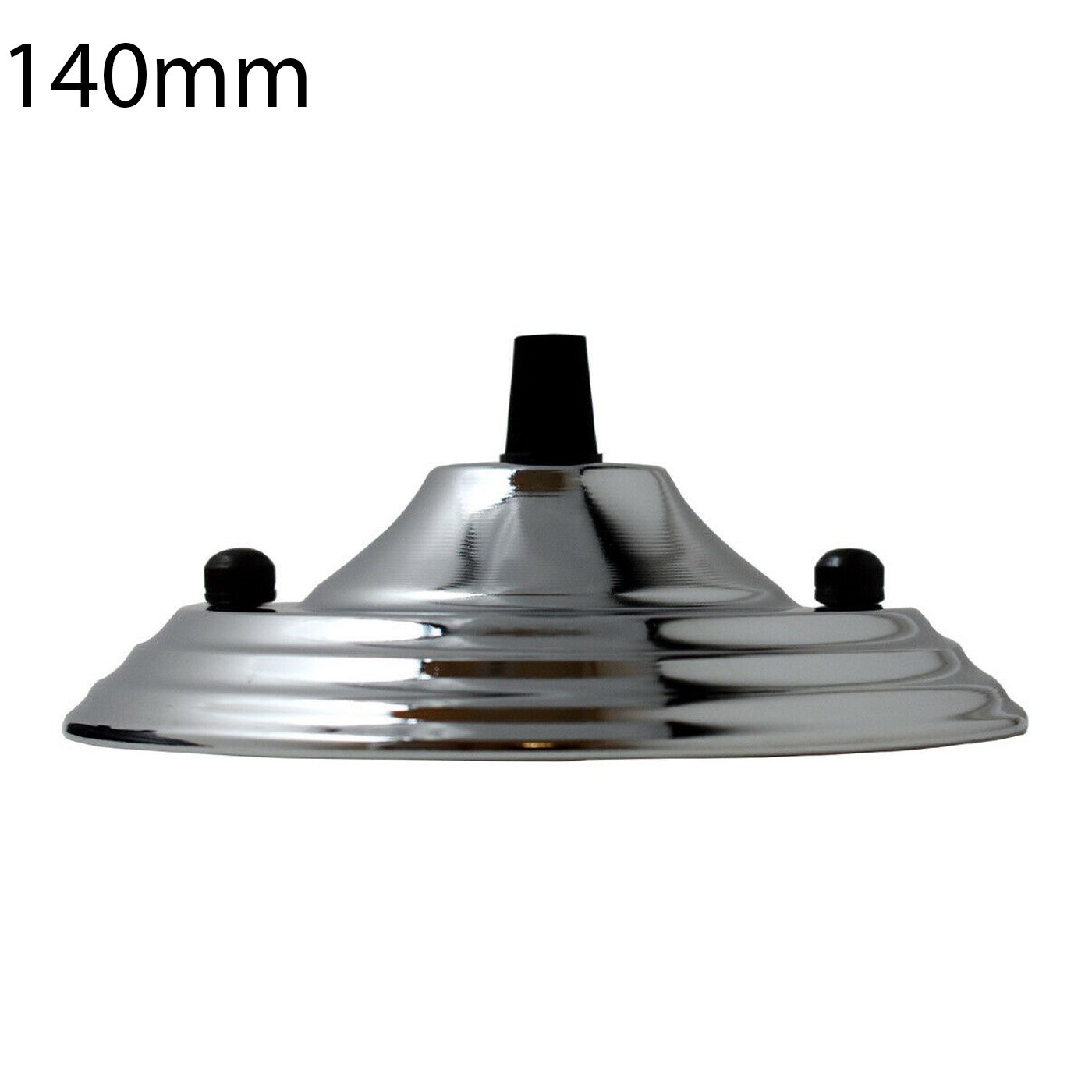 140mm Single Outlet Drop Metal Front Fitting Ceiling Rose with cord grip, showcasing its metallic finish and riveted construction.