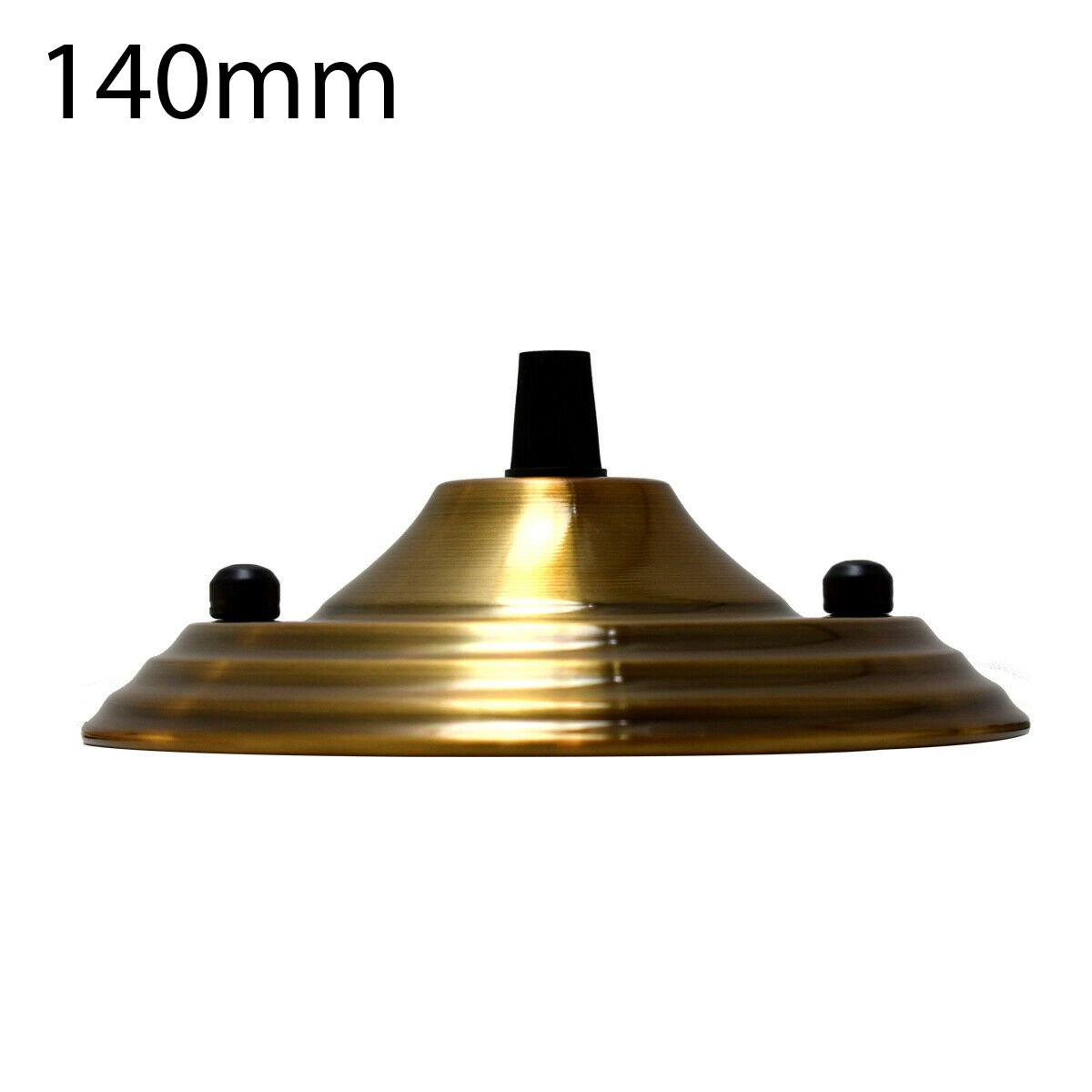 140mm Single Outlet Drop Metal Front Fitting Ceiling Rose with cord grip, showcasing its metallic finish and riveted construction.