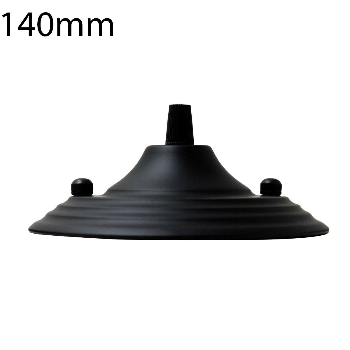 140mm Single Outlet Drop Metal Front Fitting Ceiling Rose with cord grip, showcasing its metallic finish and riveted construction.
