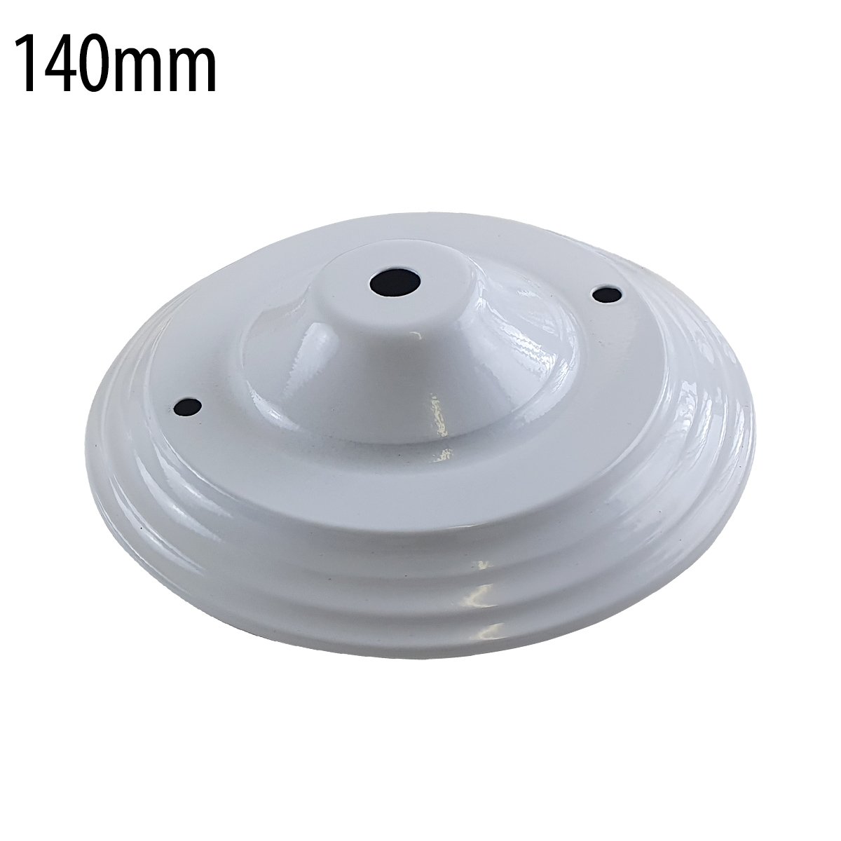 140mm Single Outlet Drop Metal Front Fitting Ceiling Rose with cord grip, showcasing its metallic finish and riveted construction.