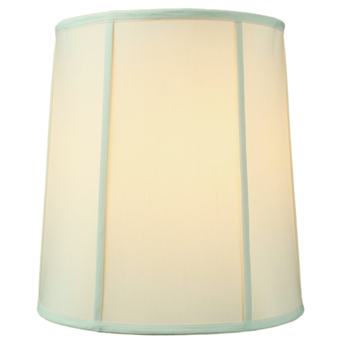 14-inch wide by 15-inch high eggshell drum lampshade with piping, featuring premium shantung fabric and a sturdy brass and steel frame.