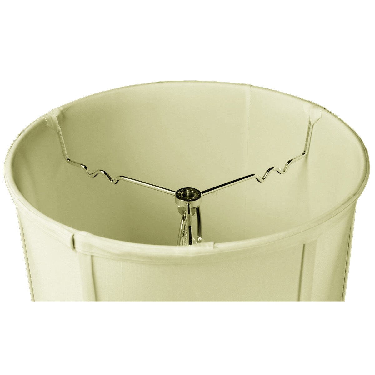 14-inch wide by 15-inch high eggshell drum lampshade with piping, featuring premium shantung fabric and a sturdy brass and steel frame.