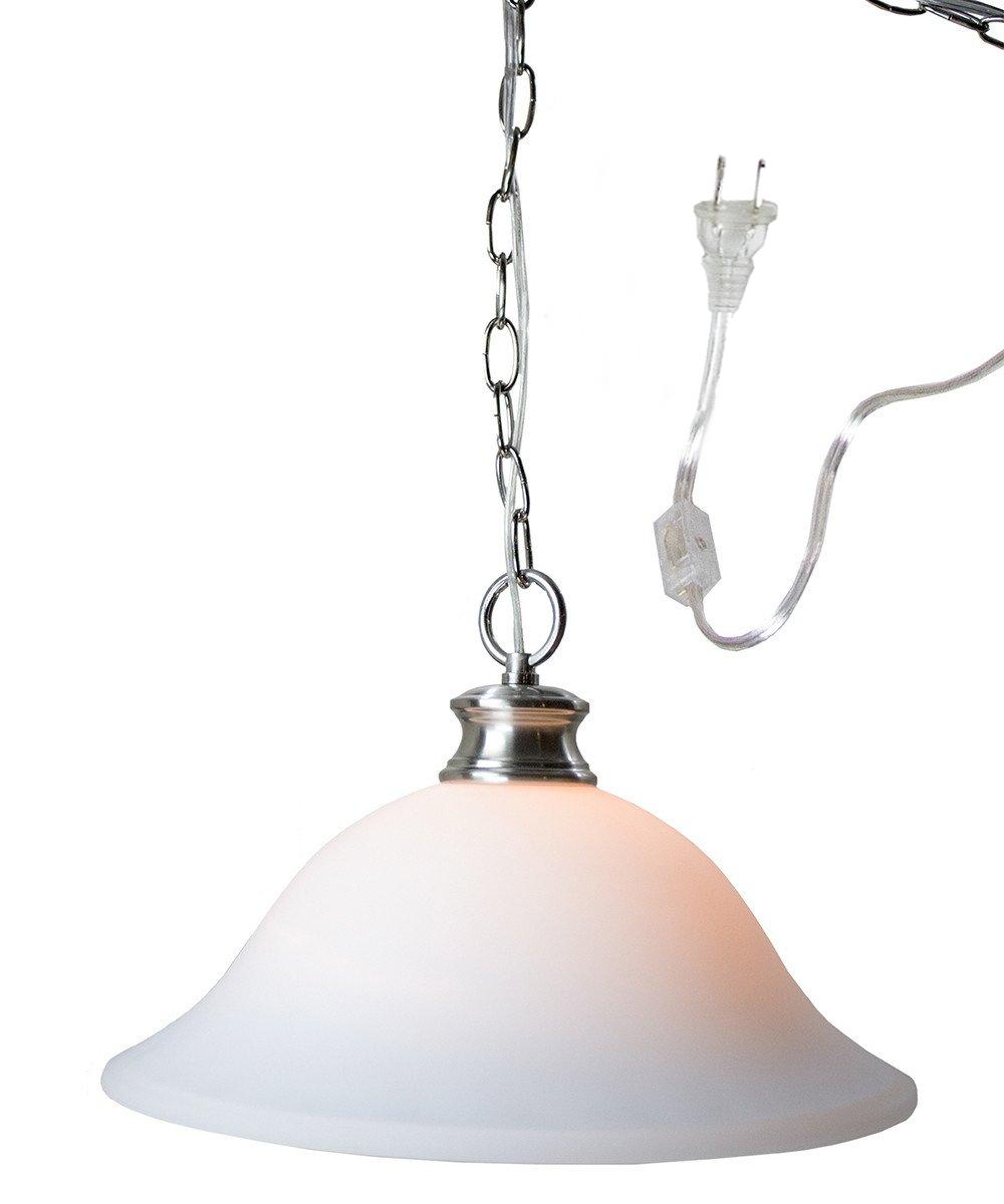 16-inch plug-in swag pendant light with milky white glass shade and polished nickel finish, featuring a long chain and cord for easy installation.