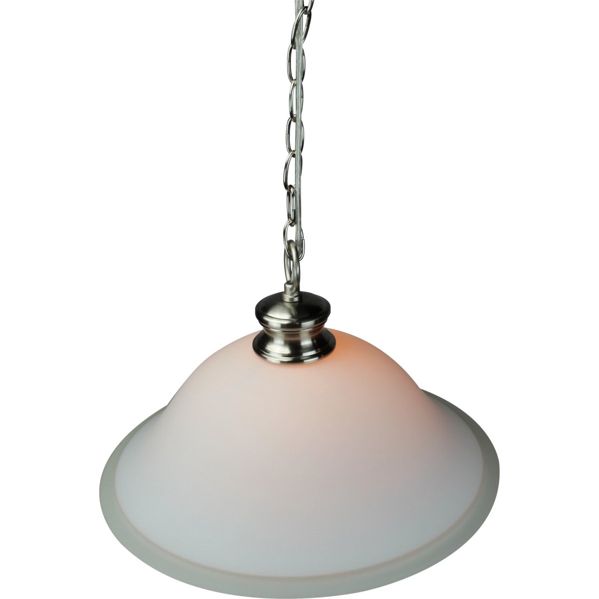 16-inch plug-in swag pendant light with milky white glass shade and polished nickel finish, featuring a long chain and cord for easy installation.
