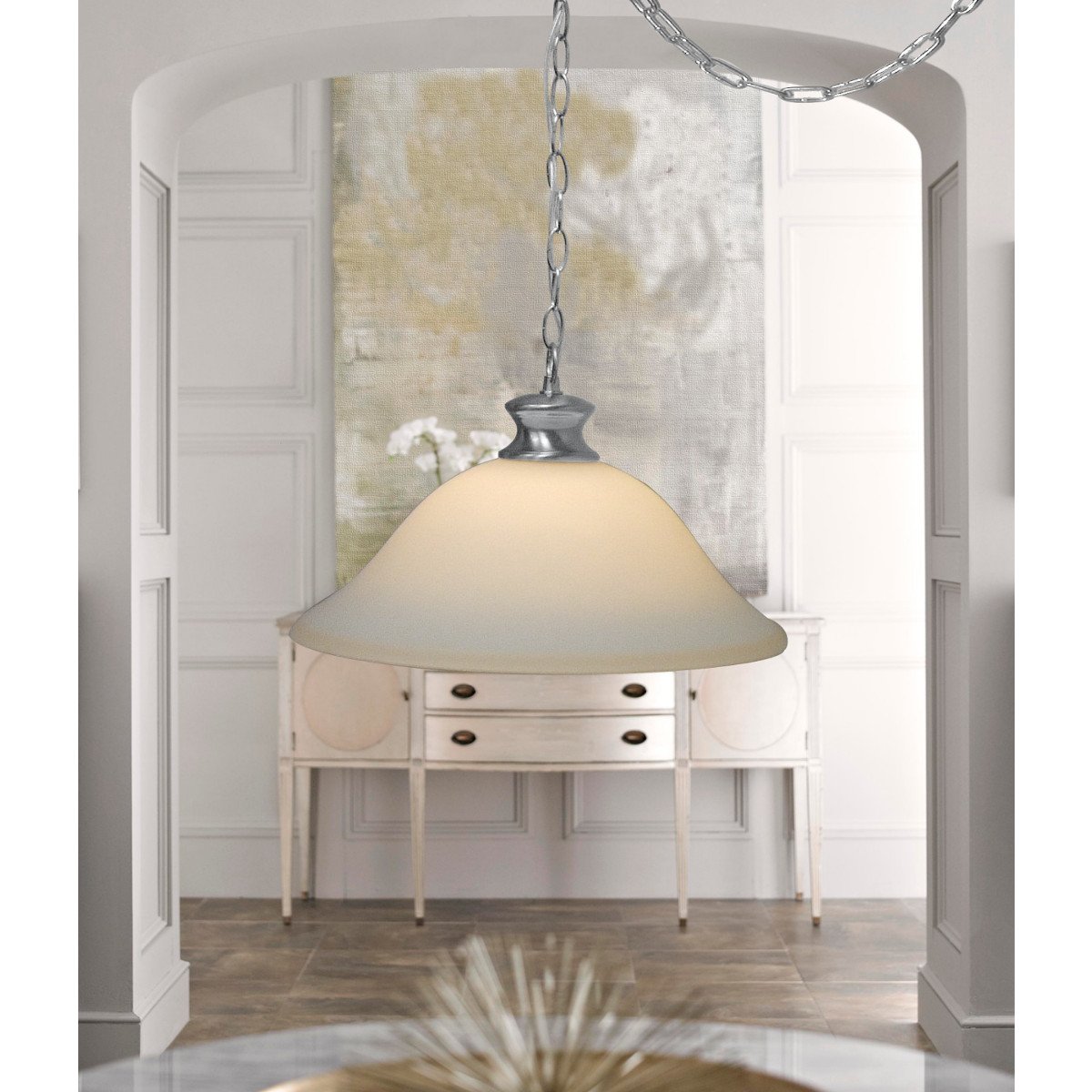 16-inch plug-in swag pendant light with milky white glass shade and polished nickel finish, featuring a long chain and cord for easy installation.
