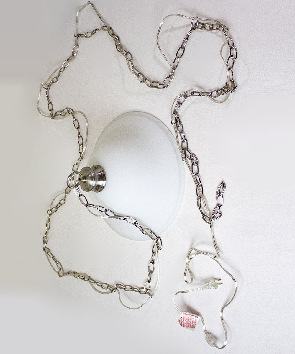 16-inch plug-in swag pendant light with milky white glass shade and polished nickel finish, featuring a long chain and cord for easy installation.