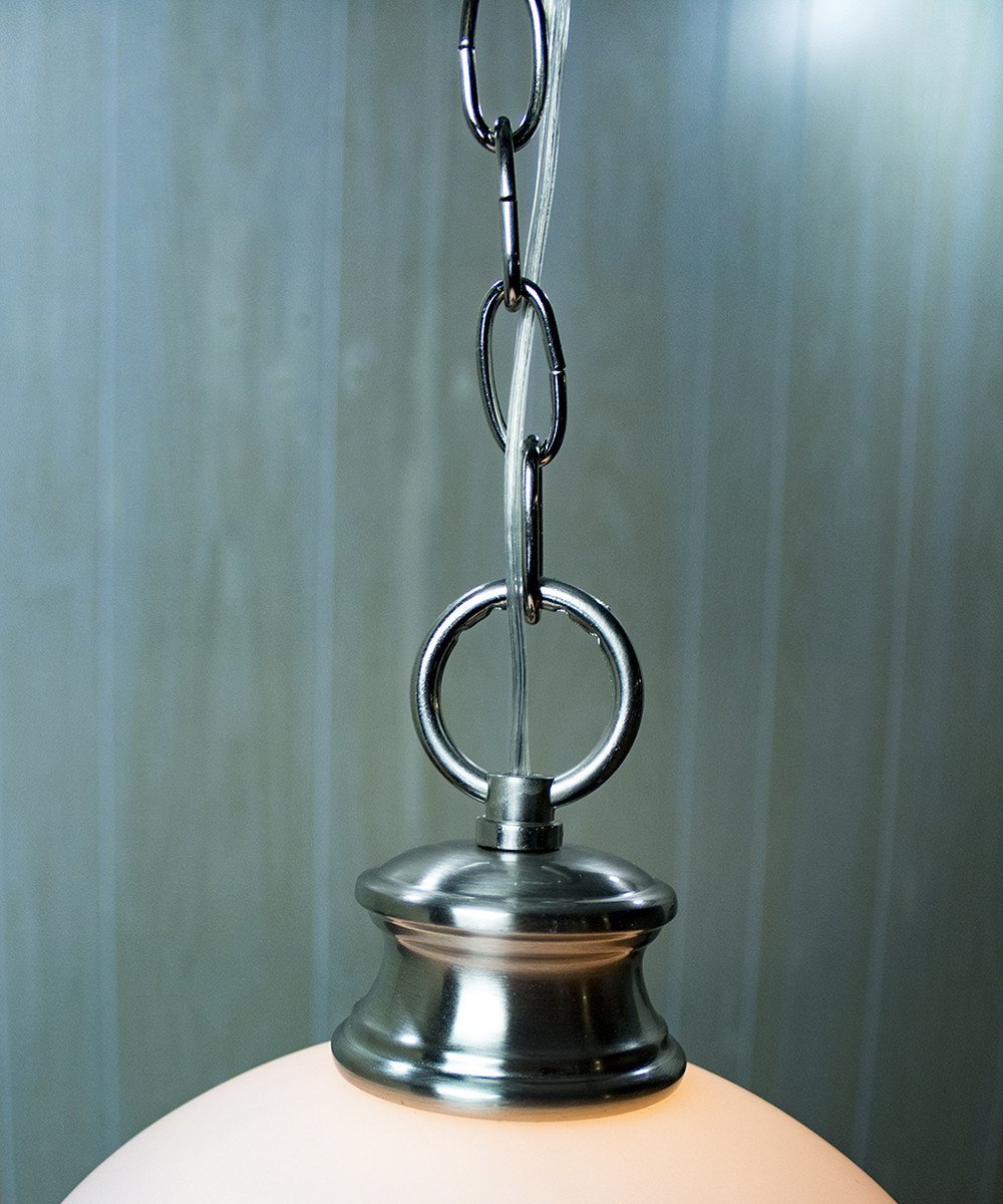 16-inch plug-in swag pendant light with milky white glass shade and polished nickel finish, featuring a long chain and cord for easy installation.