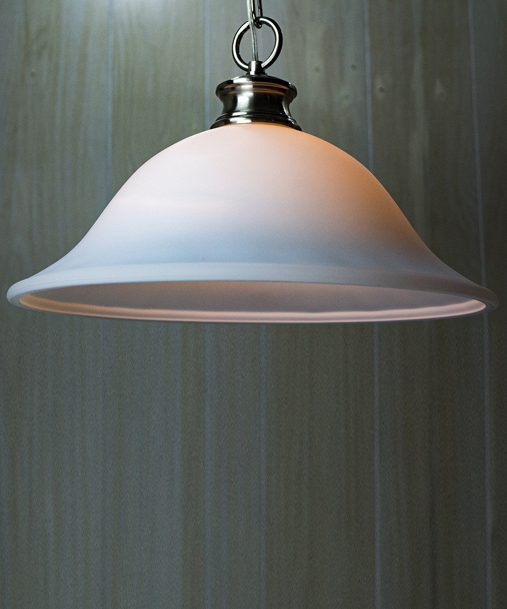 16-inch plug-in swag pendant light with milky white glass shade and polished nickel finish, featuring a long chain and cord for easy installation.