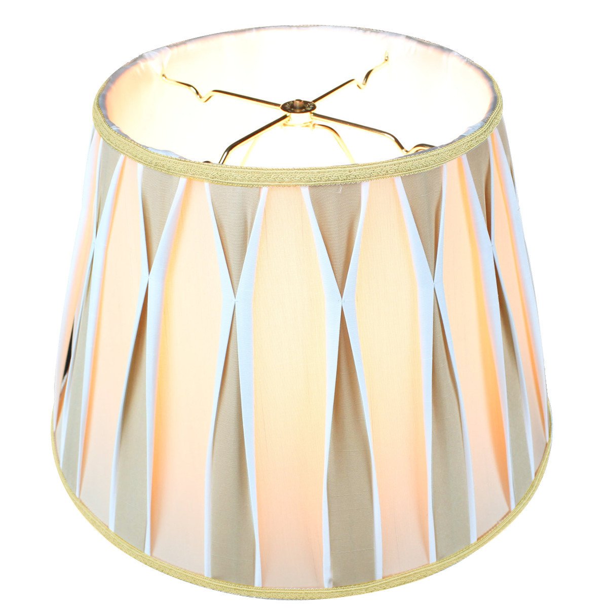 16-inch wide by 11-inch high beige and white pinched pleat shantung lampshade with a traditional empire design, featuring a durable brass and steel frame.