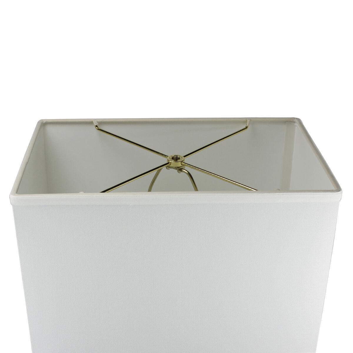 16-inch wide by 11-inch high rectangular drum lampshade made of softback white linen, featuring a spider fitter and durable brass and steel frame.