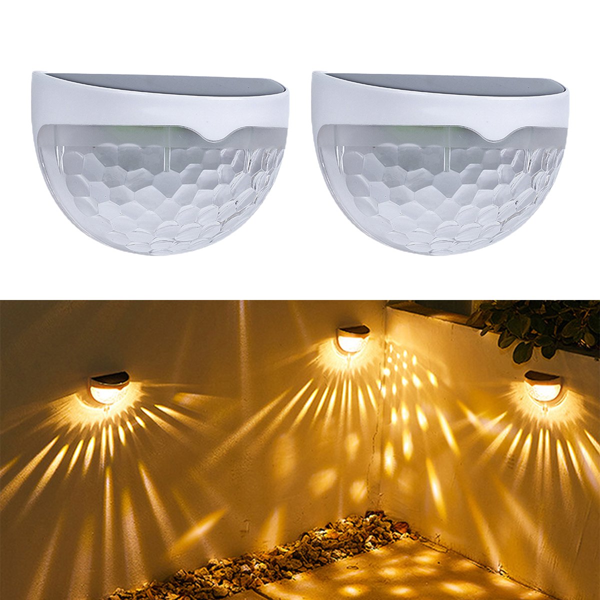 Two solar semicircle wall lights with fish scale design, waterproof and suitable for outdoor use, illuminating a garden area.