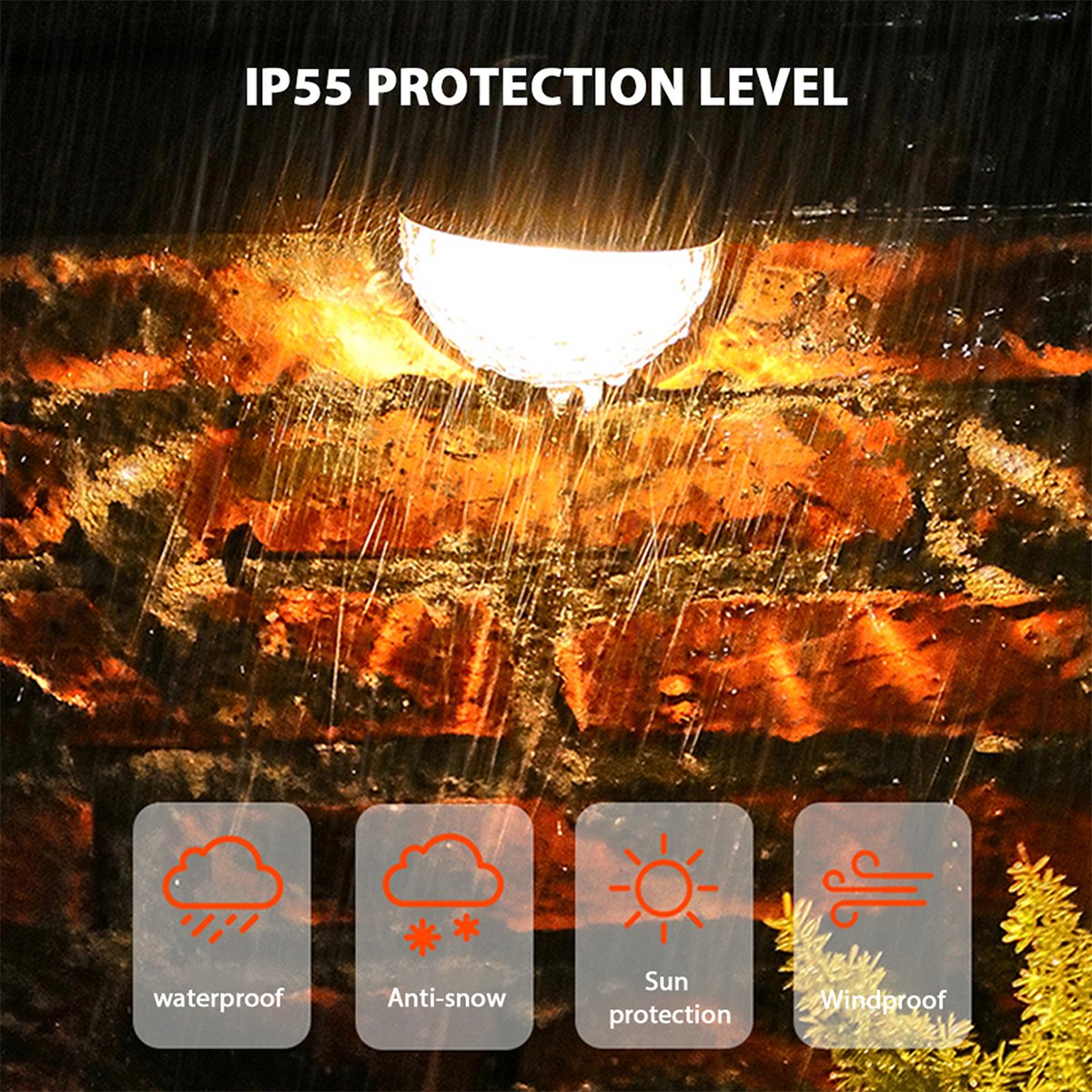 Two solar semicircle wall lights with fish scale design, waterproof and suitable for outdoor use, illuminating a garden area.