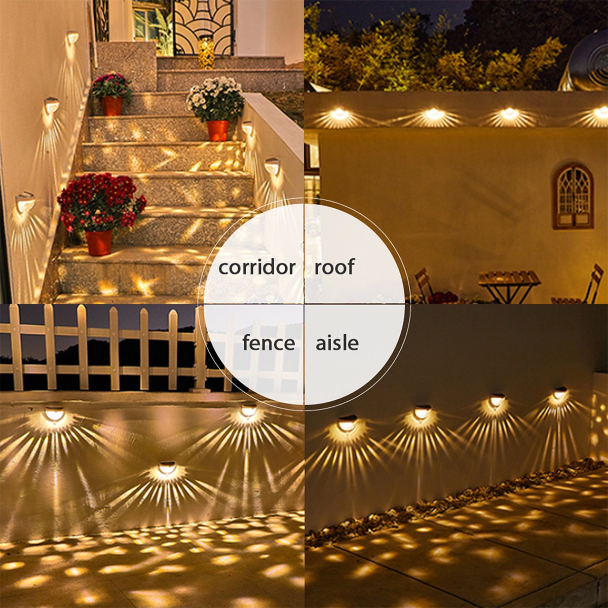 Two solar semicircle wall lights with fish scale design, waterproof and suitable for outdoor use, illuminating a garden area.