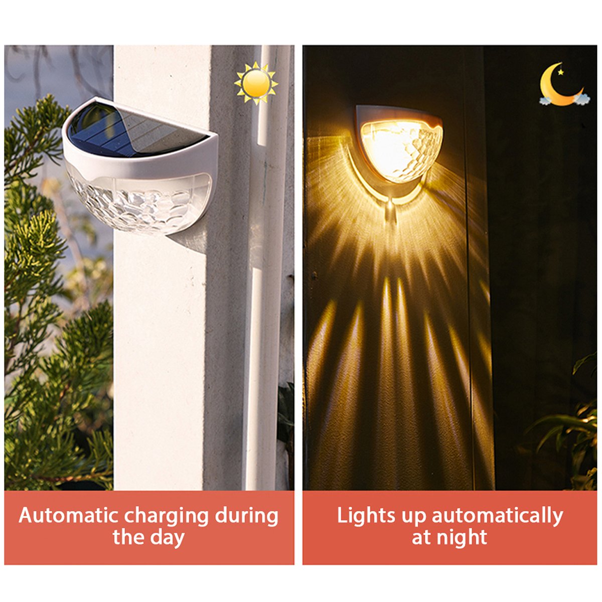 Two solar semicircle wall lights with fish scale design, waterproof and suitable for outdoor use, illuminating a garden area.