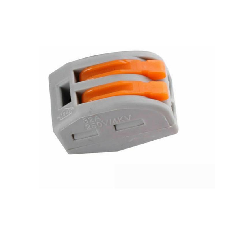 2 Way Reusable Spring Lever Terminal Block in clear and orange colors, showcasing its compact design and lever mechanism for secure electrical connections.