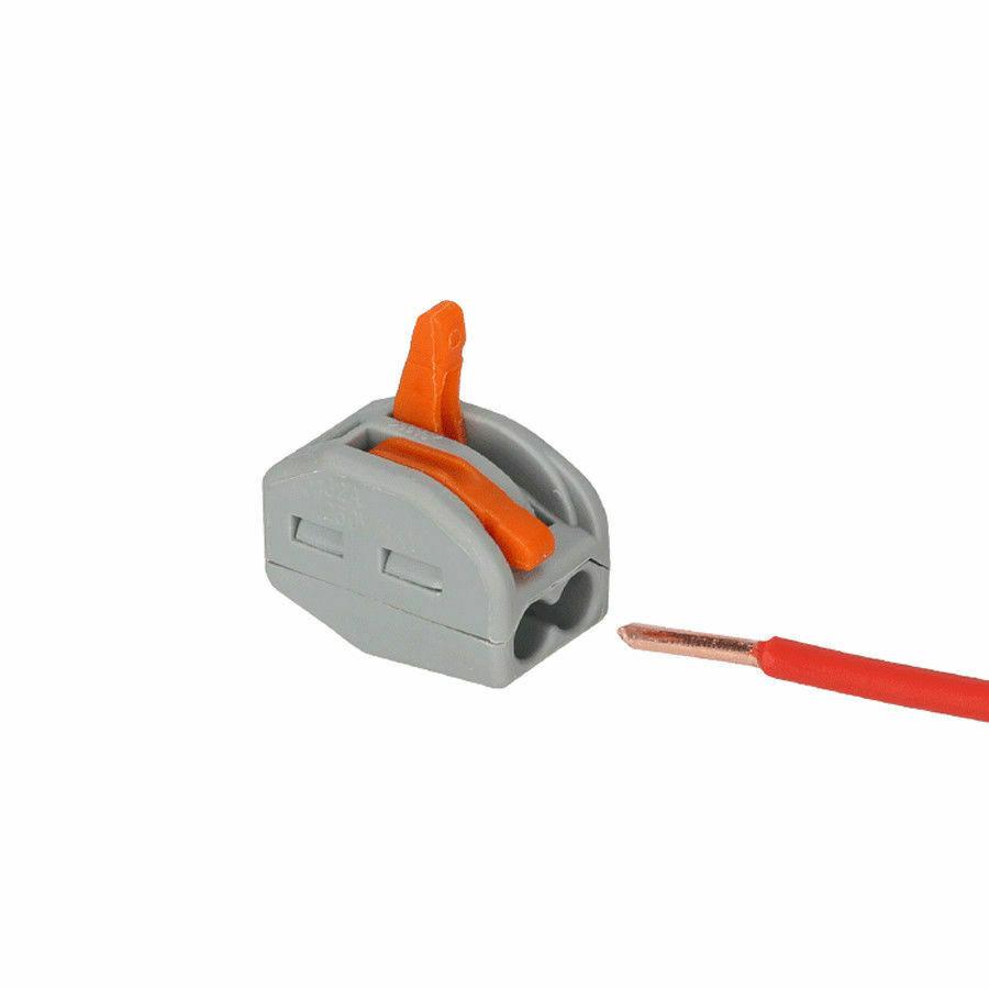2 Way Reusable Spring Lever Terminal Block in clear and orange colors, showcasing its compact design and lever mechanism for secure electrical connections.