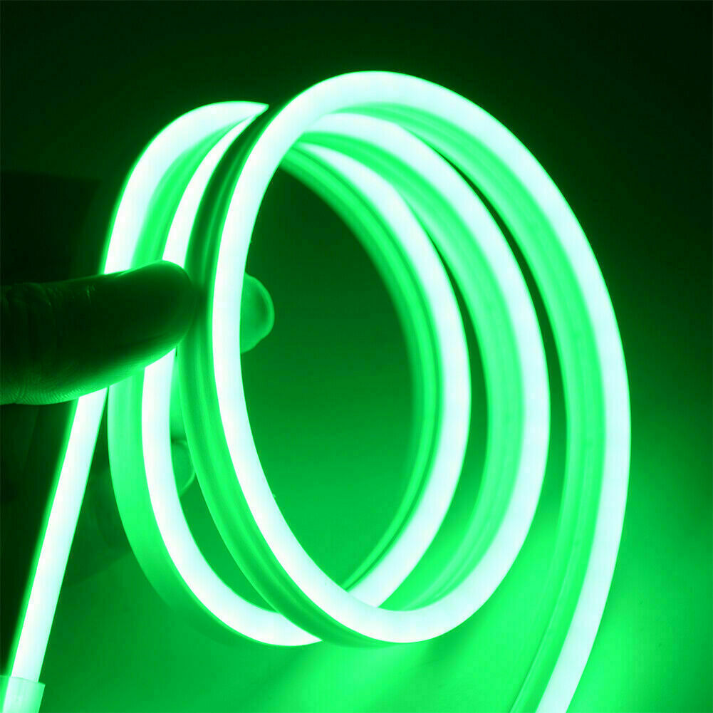 A vibrant green 220V LED Neon Flex Rope Strip, showcasing its flexibility and brightness, ideal for outdoor signage and decoration.