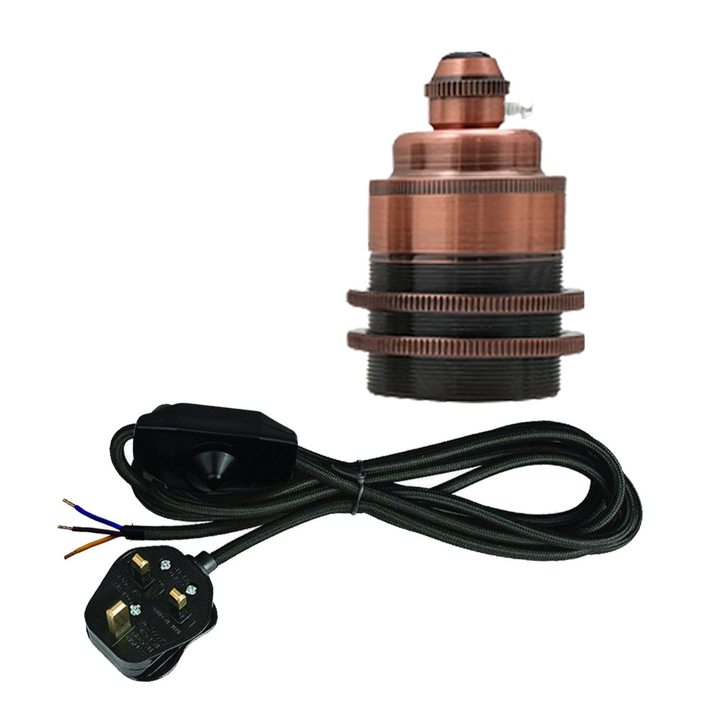 2m, 4m, and 4.5m Fabric Flex Cable Plug In Pendant Lamp Kit with E27 lamp holder and inline dimmer switch in various colors.