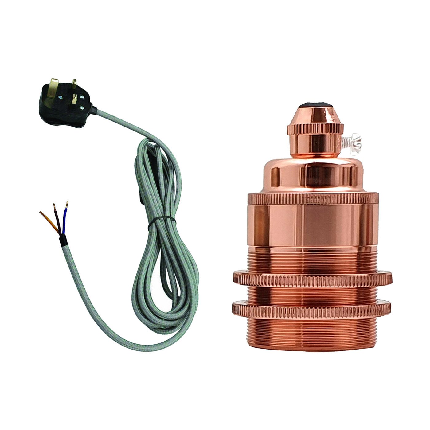 2m, 4m, and 4.5m Fabric Flex Cable Plug In Pendant Lamp Kit with E27 lamp holder and inline dimmer switch in various colors.