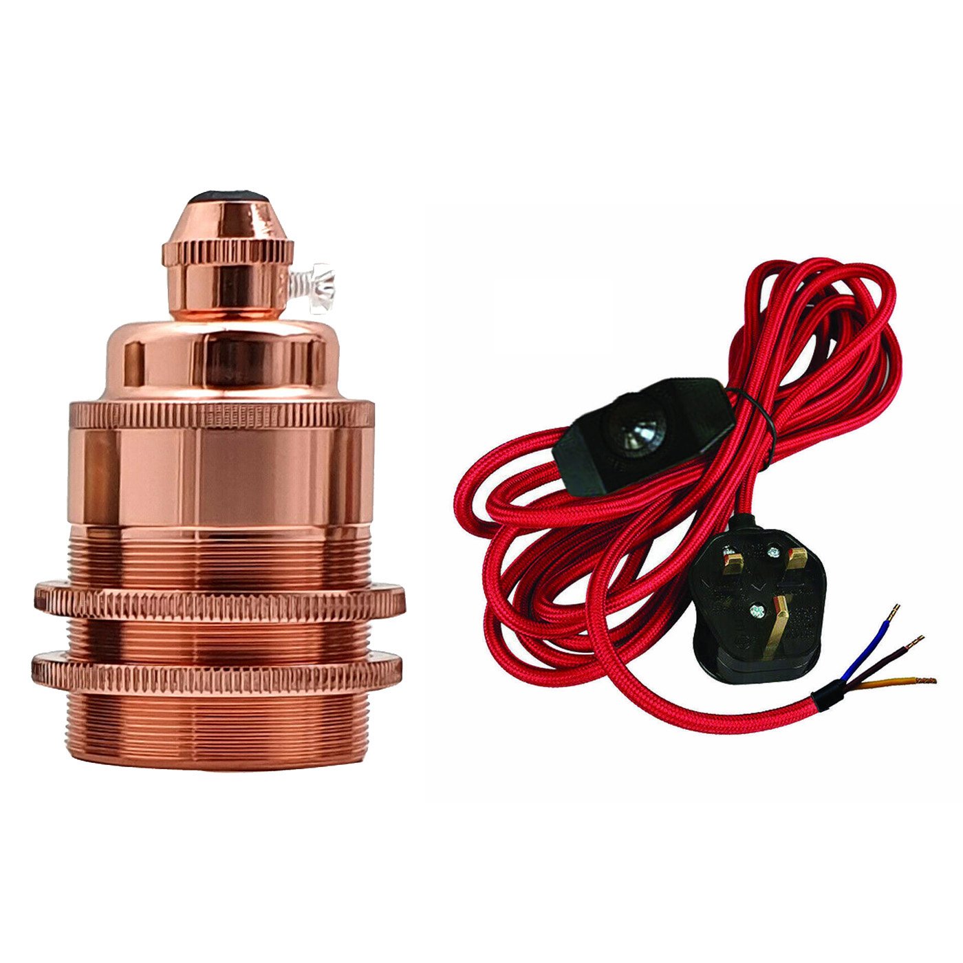 2m, 4m, and 4.5m Fabric Flex Cable Plug In Pendant Lamp Kit with E27 lamp holder and inline dimmer switch in various colors.