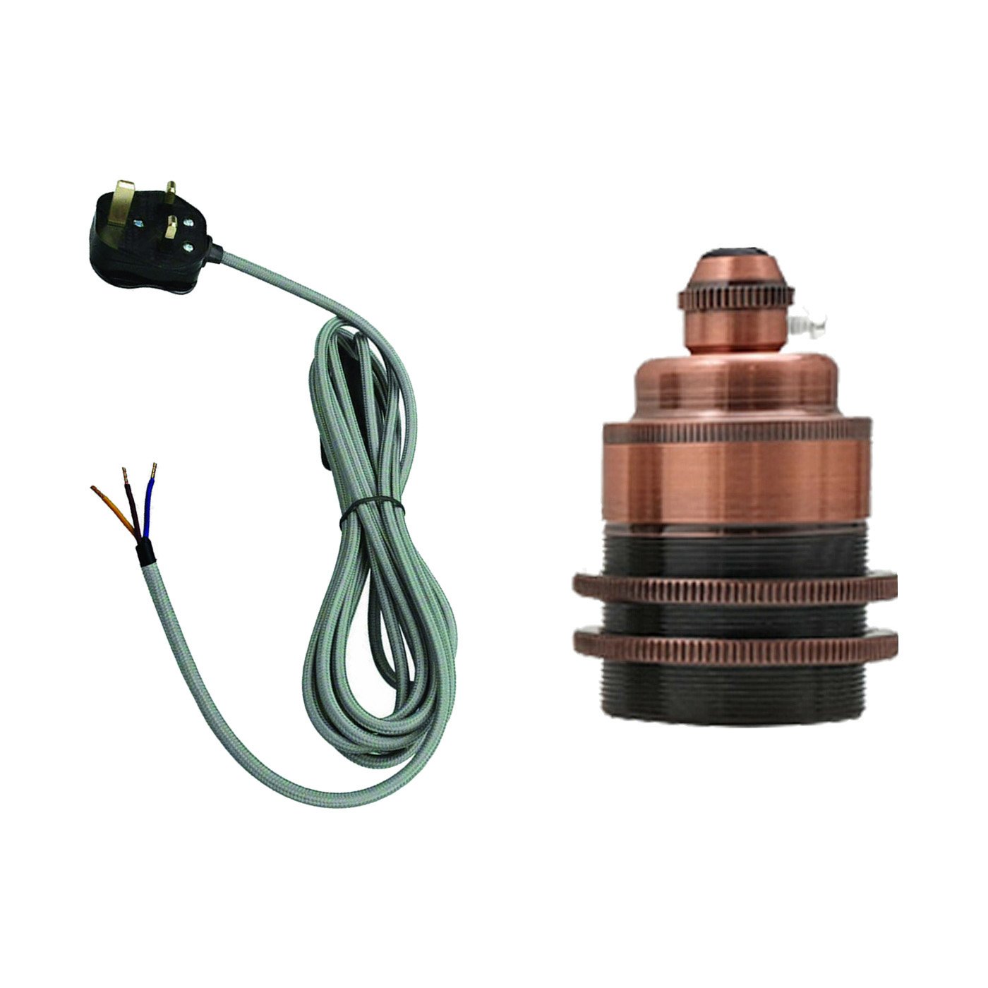 2m, 4m, and 4.5m Fabric Flex Cable Plug In Pendant Lamp Kit with E27 lamp holder and inline dimmer switch in various colors.