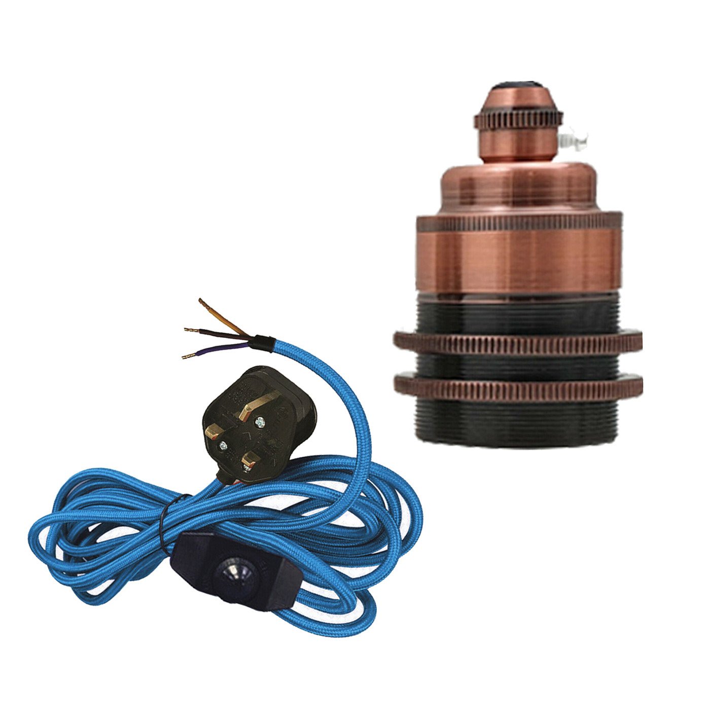 2m, 4m, and 4.5m Fabric Flex Cable Plug In Pendant Lamp Kit with E27 lamp holder and inline dimmer switch in various colors.